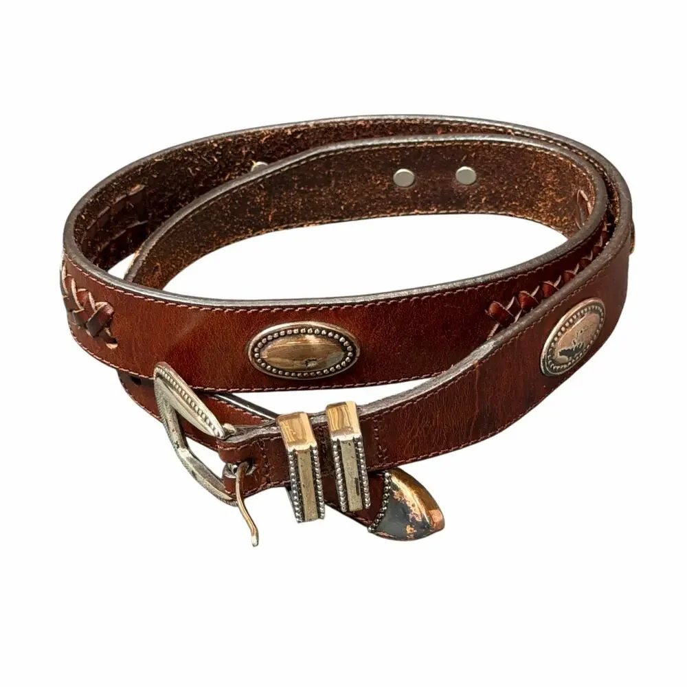 Vintage Latigo Leather Belt 34 Brown Antique Silver Concho Patina Braid Western‎